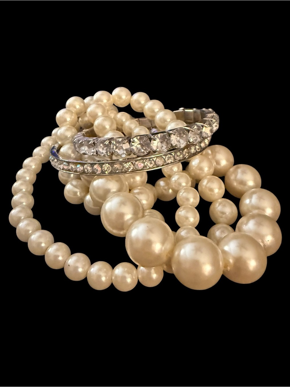 6 Pc Pearl & Rhinestone Bracelet Stack Stretch Bracelets + Bangle